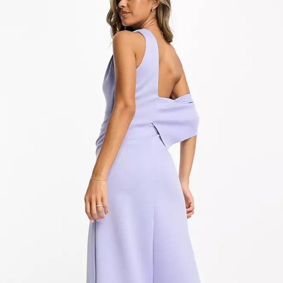 ASOS fallen shoulder soft line skater prom midi dress in lilac - Picture 3 of 4